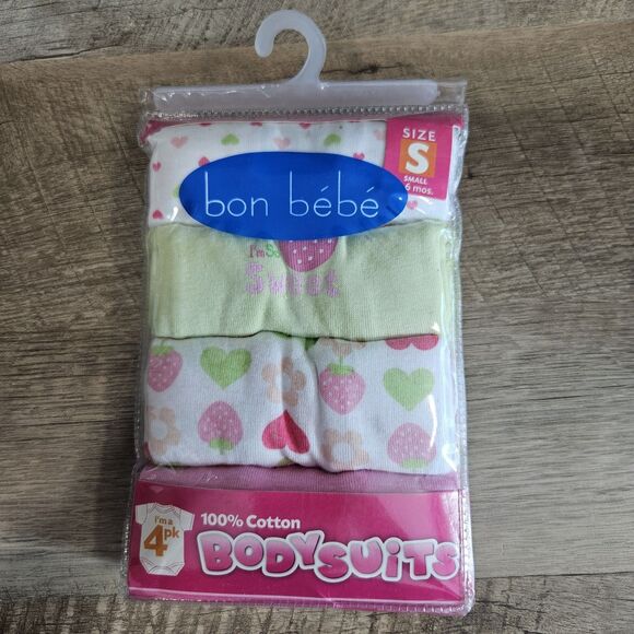 NWT Bon Bebe 4 Pack Romper Bodysuit 6M Strawberry Hearts Cotton Baby Girl Outfit - Picture 1 of 2